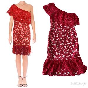 NWT AQUA Red with Nude Lining LACE ONE SHOULDER POPOVER RUFFLED COCKTAIL DRESS S